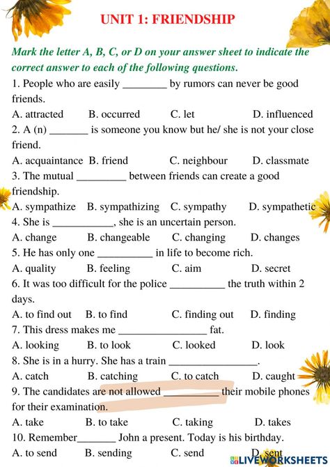 Unit 1: Friendship interactive worksheet Friendship Lessons, Spanish Words For Beginners, Vocabulary Exercises, Ielts Speaking, Friendship And Dating, English Reading, English As A Second Language (esl), Vocabulary Worksheets, Spanish Words