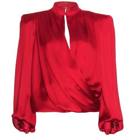 Kemeja Korea, Red Silk Top, Red Silk Blouse, High Neck Shirts, Red Long Sleeve Shirt, Women Blouses Fashion, Red Blouse, Wrap Shirt, Elegant Blouses