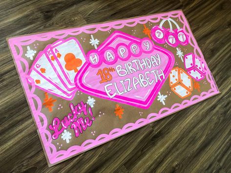 Client: Can you do a girly casino themed banner? Me: *creates this super sure and unique girly casino banner 🤩🪩🎰💗✨ Garden Party Banner, Birthday Butcher Paper Banner, Birthday Banners Painted, Diy Birthday Banner Ideas, Brown Paper Signs, Hand Painted Banner, Birthday Banner Painted, Party Banner Ideas, Butcher Paper Banner