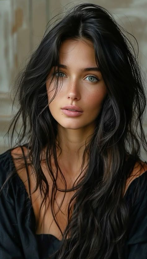 Dark Hair With Blue Eyes, Dark Hair And Blue Eyes Women, Black Hair Blue Eyes Woman, Black Hair Olive Skin, Dark Hair Shades, Woman With Black Hair And Blue Eyes, Brunette Goddess, Woman With Black Hair And Green Eyes, Female Character Inspiration Black Hair Blue Eyes