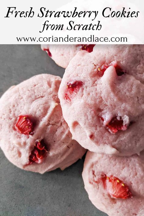 Strawberry Cookies From Scratch, Pink Sugar Cookie Recipe, Lofthouse Cookie Recipe, Valentines Day Cookie Recipe, Strawberry Cream Cheese Filling, Cookie Buffet, Soft Frosted Sugar Cookies, Cake Texture, Rolled Sugar Cookie Recipe