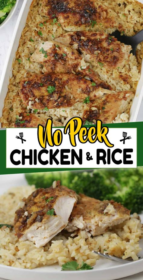 Looking for an easy yet satisfying dinner? Our No-Peek Chicken and Rice recipe is a must-try - just combine the ingredients, pop it in the oven, and let it do its magic! No fuss, all flavor - this comforting meal has tender chicken, creamy fluffy rice and flavorful seasonings. One Pan Chicken Rice Dinner, Baked Chicken Tender Casserole Recipes, Chicken Rice Oven Recipes, No Peeking Chicken And Rice, Oven Baked Chicken Breast And Rice, Chicken And Rice Baked In Oven Easy, Chicken Breast And Rice Recipes Oven, Chicken Tenders And Rice Recipes, One Pan No Peek Chicken And Rice