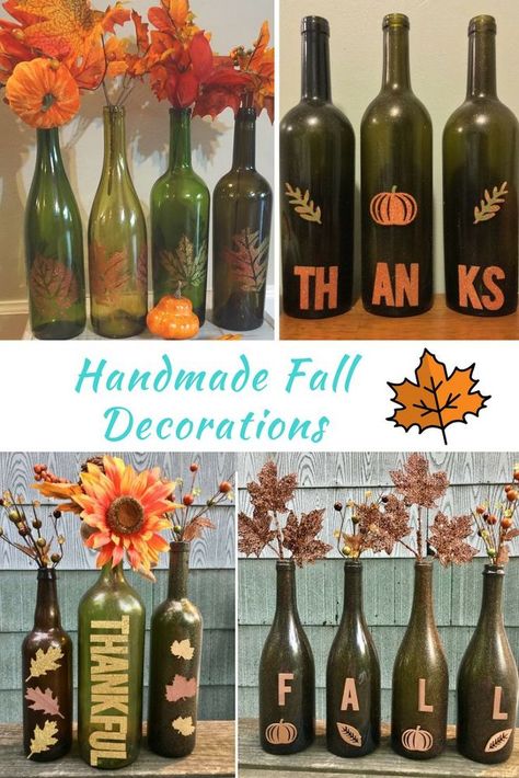 Pumpkin Painted Wine Bottles, Brown Wine Bottle Ideas, Wine Bottle Fall Crafts, Thanksgiving Wine Bottle Crafts, Fall Painted Wine Bottles, Fall Wine Bottle Crafts, Fall Wine Bottle Crafts Diy, Repurpose Wine Bottles, Fall Hobbies