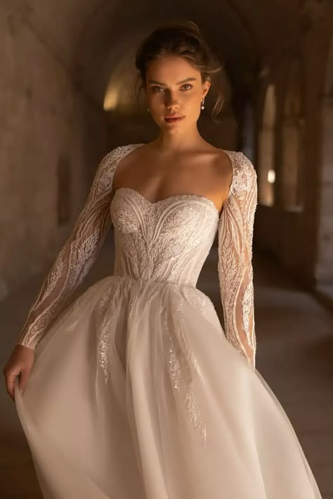 Detachable Sleeves Wedding Dress Beaded Lace, Sheer Floral Lace Wedding Dress With Long Sleeves, Lace Bodice Wedding Dress Sleeves, Wedding Dress Sweetheart Neckline With Sleeves, Long Sleeve Wedding Dress With Corset, Corset Style Wedding Dress With Sleeves, Long Sleeve Detachable Wedding Dress, Corset Wedding Dress A Line, Lace Bolero Wedding Long Sleeve