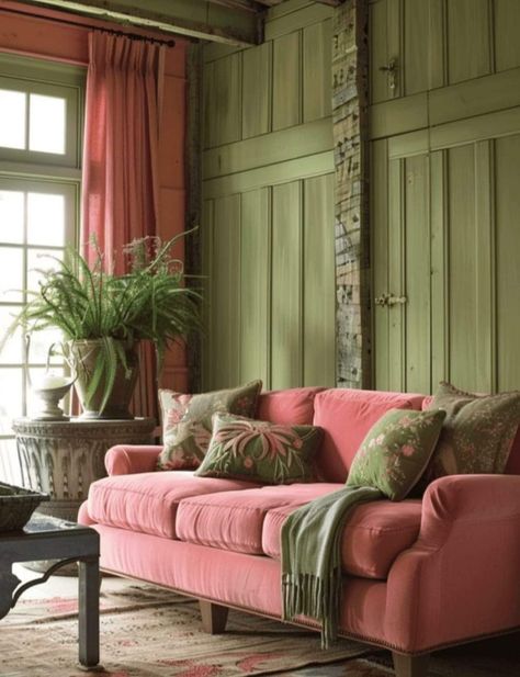 Pink Green Gold Living Room, Green Couch Pink Pillows, Coral And Red Color Palette, Pink Couch Green Wall, Coral And Green Living Room, Earthy Eclectic Living Room, Green And Coral Living Room, Pink Sofa Decor, Green Pink Living Room