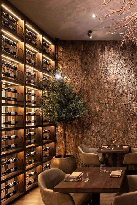 Rustic Decor Restaurant, Tree In Restaurant Interiors, Rustic Style Restaurant Interiors, Fine Restaurant Design, Modern Wine Bar Restaurant, Wine Cellar Restaurant Design, Wine Wall Restaurant, Wine Room Restaurant, Olive Tree Restaurant Design