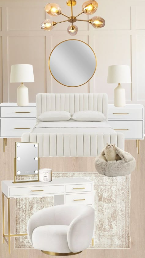 bedroom inspo Modern White And Gold Bedroom, White Room With Gold Accents, White And Gold Girls Bedroom, White And Gold Room Aesthetic, White Gold Bedroom Ideas, White And Gold Bedroom Aesthetic, Cream And Gold Bedroom Ideas, Gold Bedroom Aesthetic, Teen Bedroom Aesthetic