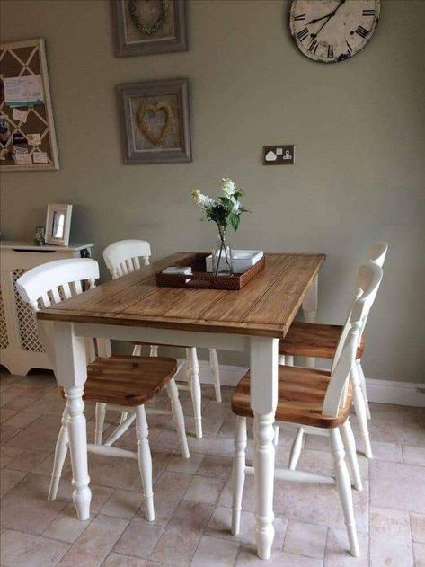 Small Farmhouse Table And Chairs, Small Farmhouse Kitchen Table, Pine Table Makeover, Kitchen Tables And Chairs, Farmhouse Table And Chairs, Rustic Table And Chairs, Pine Table And Chairs, Small Farmhouse Table, Make A Room Look Bigger