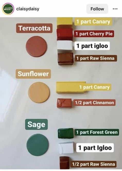 Mustard Yellow Clay Recipe, Mustard Color Polymer Clay Recipe, Terracotta Polymer Clay Recipe, Sculpy Clay Color Mixing, Polymer Clay Mixing Colors, Free Clay Color Recipes, Polymer Clay Colour Recipes, Sculpey Color Mixing Chart, Green Polymer Clay Recipe