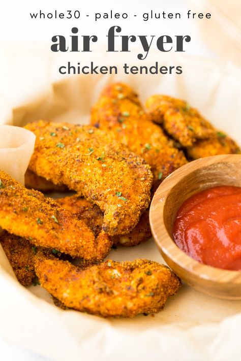 Paleo Chicken Tenders are quick and crispy in the air fryer! These homemade chicken tenders are coated in a seasoned almond flour and a little egg for an easy, delicious lunch or dinner in just 10 minutes! Simple Air Fryer Chicken, Paleo Chicken Tenders, Air Fryer Recipes Chicken Tenders, Homemade Chicken Strips, Air Fried Chicken Tenders, Homemade Chicken Tenders, Almond Crusted Chicken, Fried Chicken Strips, Air Fryer Chicken Tenders