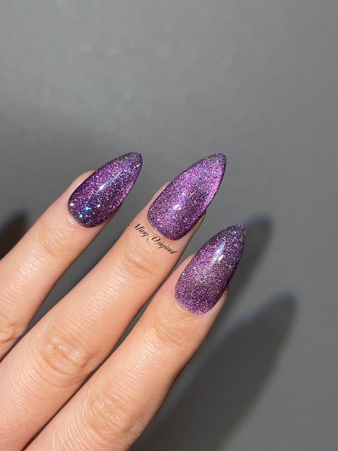 Purple Galaxy Reflective Glitter Nailcat Eye Press on Nails - Etsy Sparkly Nails Purple, Purple Glass Nails, All Purple Nails, Purple Nails Sparkle, Purple Reflective Nails, Purple Cat Eye Halloween Nails, Cateye Purple Nails, Silver And Purple Nails, Red And Purple Nails