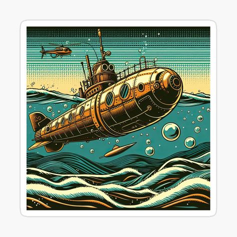 Get my art printed on awesome products. Support me at Redbubble #RBandME: https://www.redbubble.com/i/sticker/Steampunk-Submarine-Pop-Art-Style-by-artofuniverse/164312113.EJUG5?asc=u Submarine Drawing, Nautical Drawing, Steampunk Submarine, Submarine Design, Submarine Art, Octopus Drawing, Pop Art Style, Powerful Art, Deep Sea