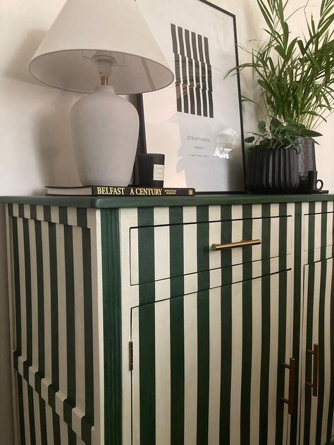 Striped Furniture Painted, Bespoke Sideboard, Stripe Furniture, Striped Dresser, Amsterdam Green, Green Chalk Paint, Striped Furniture, Painted Cupboards, Painted Sideboard