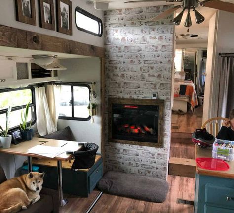 5th Wheel Camper Remodel, Rv Fireplace, 90s Decor, Vintage Camper Interior, 5th Wheel Camper, Rv Interior Remodel, Camper Trailer Remodel, Vintage Camper Remodel, Diy Camper Remodel