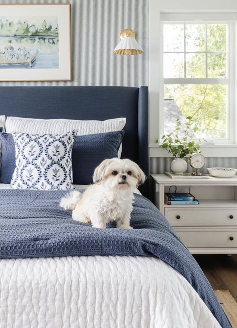 Navy and White Lake House Bedroom - The Lilypad Cottage Lake Cottage Bedroom, Lake House Bedrooms, White And Navy Bedding, Navy And White Bedroom, White Lake House, Ticking Wallpaper, Bedroom Coastal Style, Navy Bed, Lakehouse Bedroom