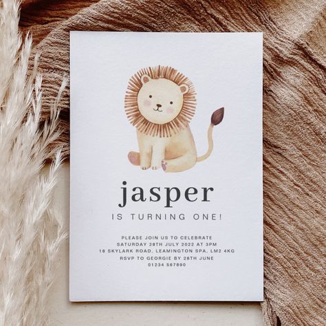 Lion Birthday Invitation - Kids Birthday Lion Birthday Invitations, Watercolour Lion, Jungle Birthday Invitations, Lion Safari, Lion Birthday, Lion Illustration, Modern Birthday, Jungle Birthday, Safari Jungle