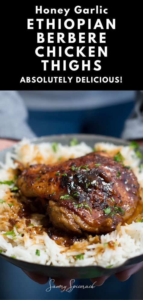 Crispy One Pot Honey Garlic Ethiopian Berbere Chicken Thighs with a bowl of rice. Honey And Garlic, Quick Meal Prep, Ethiopian Food, Buttermilk Fried Chicken, Dinner On A Budget, Duck Recipes, Supper Recipes, Weeknight Dinner Recipe, Delicious Chicken