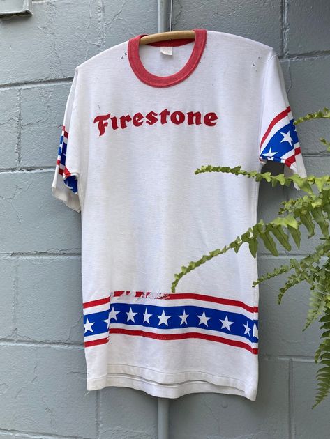 1970s 80s Firestone Graphic Ringer T Shirt Firestone Logo, Vintage Graphic T Shirt, Sax Dress, Us Olympics, Gunne Sax Dress, Belted Jacket, New Pant, Vintage Military, Vintage Graphic