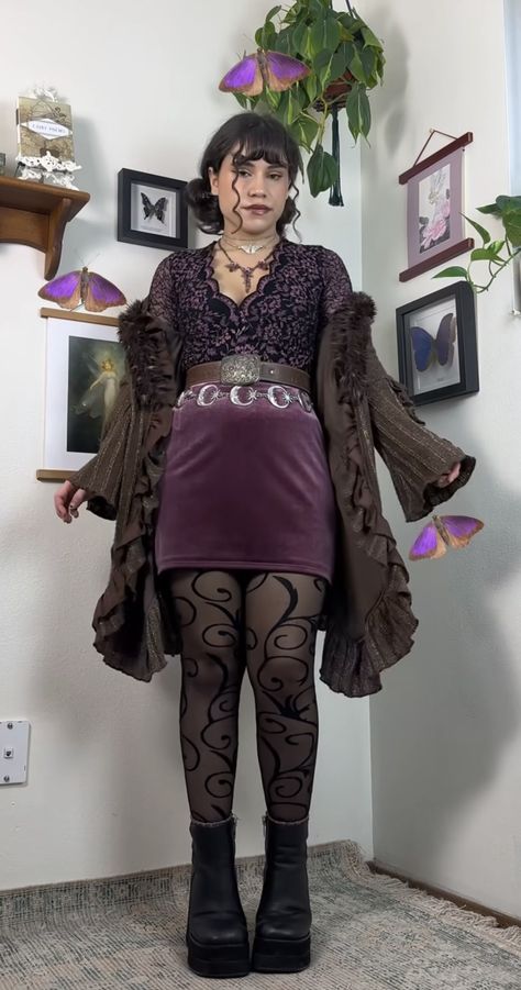 Whimsigoth Dark Academia, Muted Purple Outfit, Plus Size Whimsy Goth, Whimsical Goth Aesthetic Outfits, Whimsy Goth Fashion, Dark Floral Outfit, Hippy Goth Outfits, Boho Goth Outfits, Whimsigoth Autumn