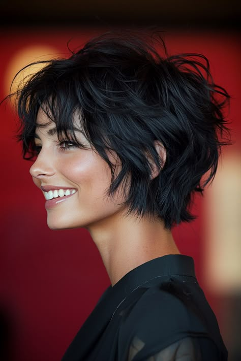 7. Smoky Black Tousled Pixie (Choppy Pixie Cuts) - Choppy Pixie Cuts Hair Choppy Layers, Tousled Pixie, Choppy Pixie, Choppy Pixie Cut, New Hair Do, Shaggy Short Hair, Cute Haircuts, Messy Short Hair, Choppy Hair