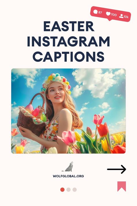 Alt text: A woman with a flower crown holding an Easter basket among tulips, for Instagram captions.
A graphic with a list of Easter-related puns and a button offering more puns.
A promotional image inviting to join an Instagram engagement group with a happy woman using a laptop. Easter Instagram Captions, Easter Songs, Easter Coffee, Easter Vibes, Spring Into Action, Instagram Captions, Puns, Jelly, Tap