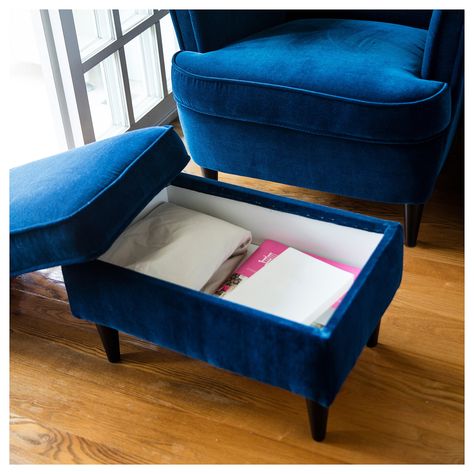 STRANDMON Ottoman with storage - IKEA Strandmon Chair, Footstool With Storage, Ikea Strandmon, Country Style Living Room, Ottoman With Storage, Velvet Furniture, Storage Footstool, Fabric Ottoman, Blue Home Decor