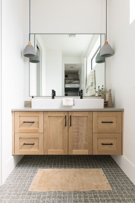 Bathroom Design Trend – Floating Vanities – Becki Owens Blog Floating Vanity Bathroom, Organic Bathroom, Concrete Pendant Light, Concrete Pendant, Floating Cabinets, Becki Owens, Bathroom Design Trends, Floating Bathroom Vanity, Unique Tile