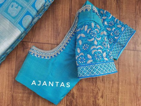 Blue Work Blouse, Readymade Blouses Online, Embroidered Blouses, Sleeveless Blouses, Raw Silk Blouse, Boat Neck Blouse Design, Light Blue Blouse, Pattu Saree Blouse Designs, Aari Blouse