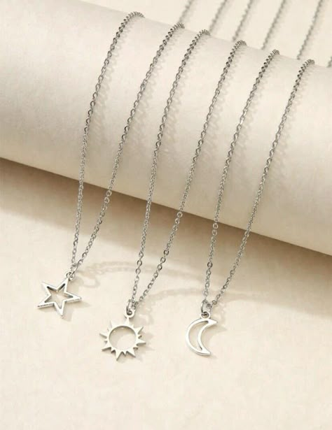 Set Of 3 Silver Necklaces - Trio / Triplet Necklaces - Gift Box-  Star Sun & Moo  | eBay Jasmine Character, Trio Jewelry, Dragon Goddess, Bracelets With String, Gifts Wishlist, Trio Necklace, Diy Bracelets With String, Clay Bead Necklace, Geometric Pendant Necklace