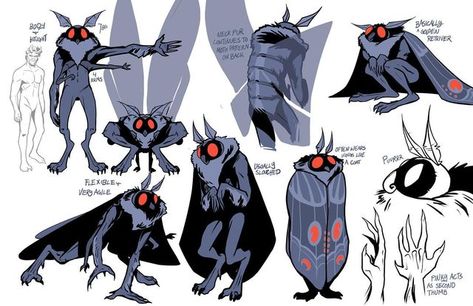 Made Up Creatures Drawing, Moth Man Character Design, Mothman Concept Art, Character Sheet Inspiration, Spidersona Character Sheet, Cryptid Fanart, Mothman Character Design, Mothman Dnd, Moth Man Drawing