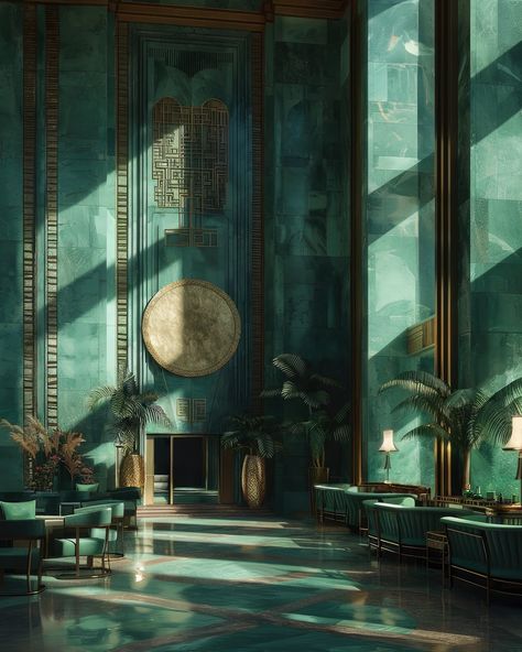 Art Deco Waiting Room, Green Marble Interior, Art Deco Office Interior, Art Deco Hotel Lobby, Contemporary Art Deco Interior, Green And Gold Art Deco, Art Deco Architecture Interior, Art Deco Mansion, Mood Architecture