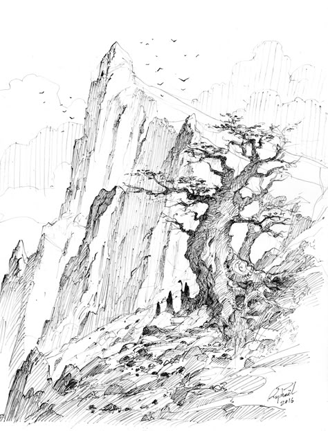 ArtStation - Mystic Trees, Raphael Lacoste Mountain Sketch, Environment Sketch, Creativity Ideas, Mountain Drawing, Tree Sketches, Landscape Sketch, Traditional Artwork, Urban Sketchers, Poses References