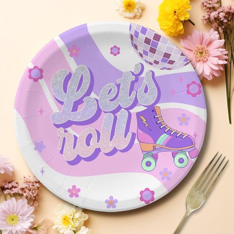 Retro Disco Roller Skate Let's Roll 1st Birthday Paper Plates Rolling Skate, Disco Roller Skating, Birthday Paper Plates, Retro Disco, Skate Girl, Lets Roll, Skate Party, Birthday Paper, Paper Plates Party