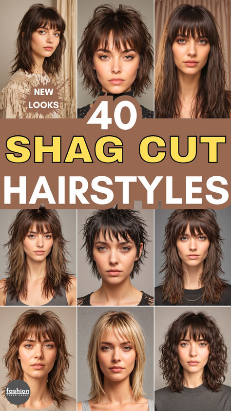 Discover 40 stylish shag cut hairstyles that bring a fresh, trendy look to your hair! From layered shags with bangs to tousled and textured styles, explore these new looks for a bold and modern vibe. Perfect for anyone wanting an effortless yet edgy hairstyle update! Feathered Shag Layered Hairstyles, Shag Hairstyle, Shaggy Layers, Messy Waves, Modern Shag, Feathered Bangs, Braids Curls, Fresh Cuts, Long Shag