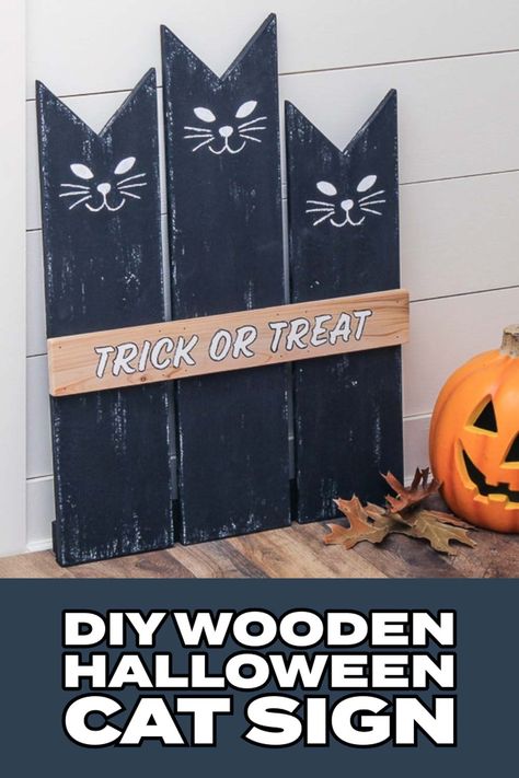 This DIY Halloween sign is perfect for decorating your porch or mantel. With wooden cats and a painted trick or treat banner, this project is easy to make with these step-by-step instructions and templates. Cat Decorations Diy, Diy Halloween Cat, Wood Halloween Decorations, Wooden Cats, Halloween Signs Diy, Pallet Halloween, Cat Sign, Halloween Wood Crafts, Diy Halloween Projects