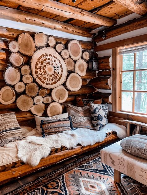 Log Cabin Wall Decor Ideas: DIY Wood Slice Art White Wash Cabin Walls, Rustic Wall Art Bedroom, Rustic Cabin Curtain Ideas, Cabin Core Decor, Tiny Log Cabin Interior, Log Cabin Wall Decor, Cabin Inspired Living Room, Cabin Style Living Room Rustic, River Cabin Interior