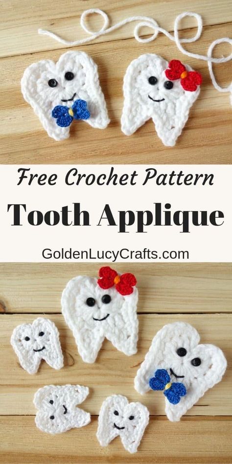 Make this cute crochet tooth applique to decorate Tooth Fairy Pillow, Pouch or Bag! Free pattern, tooth fairy ideas, DIY, for girls, for boys, teeth, fairies, crocheting, #toothfairy, #crochettoothfairy, #crochetpattern, #crochetapplique, #crochetpatternfree Tooth Crochet Pattern Free, Dentist Crochet, Crochet Dentist, Crochet Tooth Fairy, Crochet Tooth, Tooth Fairy Ideas, Bag Free Pattern, Crochet Puff Flower, Fairy Ideas