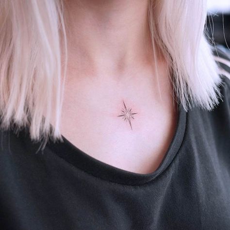 Women's Small Chest Tattoo, Throat Star Tattoo, Chest Tattoo Female Small Upper, Stars Chest Tattoo Female, Small Center Chest Tattoo Female, Chest Tattoo Small Female, Small Star Chest Tattoo, Simple Upper Back Tattoo Women, Sparkle Chest Tattoo Female