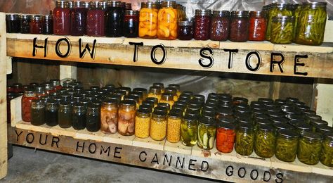 How to Store Your Home Canned Goods Storing Home Canned Goods, How To Store Canned Goods, Wood Pantry Shelves, Storing Canned Goods, Canned Goods Storage, Canned Good Storage, Wood Pantry, Prepper Supplies, Canning 101