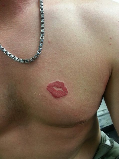 My lips tattooed on my husband's chest/heart! Forever kisses! Couples Chest Tattoos, Kiss Tattoo Ideas Men, Lip Tattoos Men, Lip Tattoo Ideas Kisses Men, Kiss Tattoo On Chest, Kiss Mark Tattoo Men, Lip Tattoo On Neck Men, Lip Tattoo On Neck, Kiss Tattoo Men