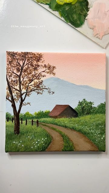 Painting Idea Landscape, Nature Scene Painting Easy, Painting Ideas On Canvas Nature Easy, Natural Painting Ideas, Beginner Scenery Painting, Painting Ideas Nature Acrylic, Painting Ideas Of Nature, Painting In Canvas Ideas, Cute Paintings Nature