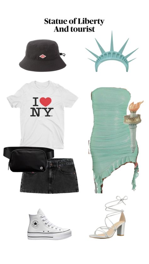 #nyc #statueofliberty #halloween #costume New York And Tourist Costume, Tourist And Statue Of Liberty Halloween Costume, Nyc Costume Ideas, Nyc Tourist Costume, Nyc Tourist Halloween Costume, New York Tourist Costume, Halloween Costumes Duo 2024, Nyc Halloween Costumes, Statue Of Liberty Halloween Costume