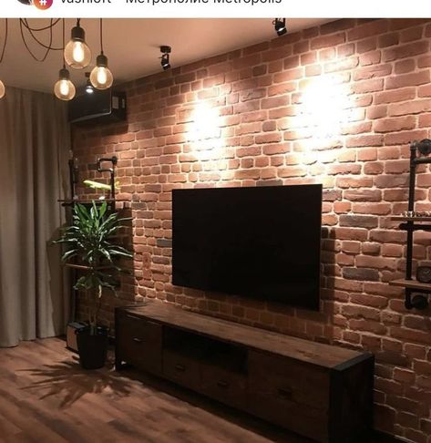 Bricks Tv Wall Living Rooms, Small Living Room Brick Wall, Brick Wall Living Room Ideas Rustic, Brick House Decor, Shelves On Brick Wall, Brick Tv Wall Ideas, Tv On Brick Wall, Brick Tv Wall, Paneling Tv Wall