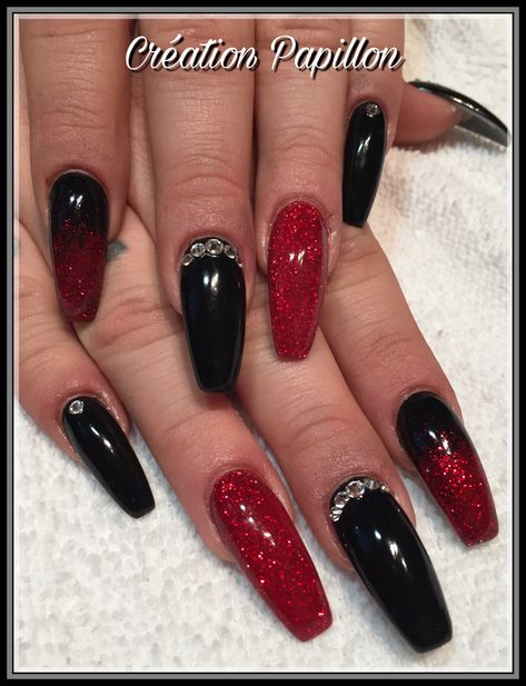 Red Black And Silver Nails Design, Black Nails With Red Glitter, Red Black Silver Nails, Red And Black Christmas Nails, Red Nails Valentines, Nails With Initials, Black Acrylic Nail Designs, Prom Nails Silver, Silver Nail Designs