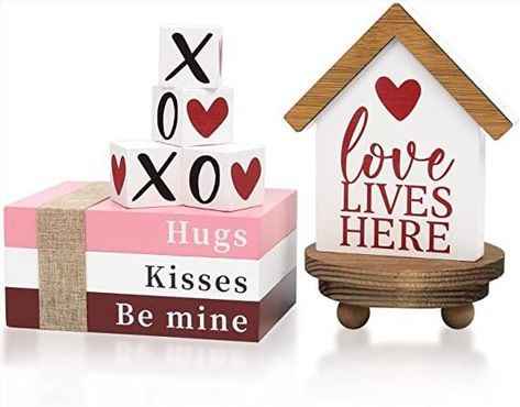 DAZONGE Valentines Day Decor, 6PCS Valentine Tiered Tray Decor, Be Mine Book Stack, XOXO, Love Lives Here House Valentine Signs, Freestanding Valentines Table Decorations for Wedding, Anniversary Events#ad Valentines Table Decorations, Space Themed Valentines, Table Decorations For Wedding, Valentines Signs, Valentines Theme Party, Valentine Signs, Valentine Tiered Tray, Craft Making Ideas, Gift Ideas Amazon