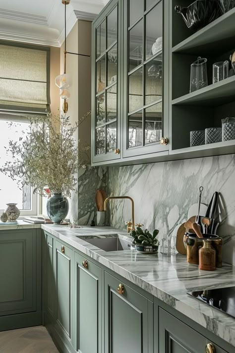 Green Themed Dining Room, Organic Modern Green Kitchen, Forest Kitchen Theme, Green Kitchen Cottage Core, Green Aesthetic Kitchen, Green Aesthetic Interior Design, Green Themed Kitchen, Forest Green Cabinets, Moss Green Kitchen