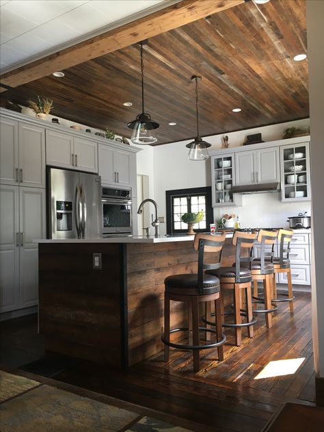 Wood Vaulted Ceiling Kitchen, Stained Wood Ceiling Kitchen, Wood Ceiling Kitchen Ideas, Dark Wood Ceiling Kitchen, Cedar Ceiling Kitchen, Pebble Grey Kitchen, Kitchen Wood Ceiling, Kitchen With Wood Ceiling, Wood Ceiling Kitchen