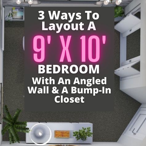 10x10 Bedroom Layout Full Bed, Small Room Queen Bed, Angled Bedroom, Bedroom Layouts For Small Rooms, Small Bedroom Hacks, Small Room Layouts, Guess Room, Angled Wall, Closet Small Bedroom