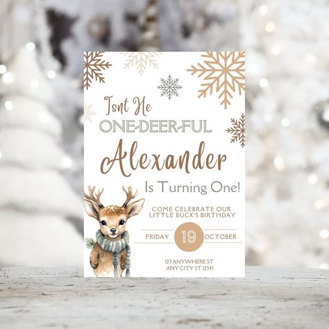 Winter First Birthday Themes, Woodland 1st Birthday, Ugly Sweater Party Invitations, Woodland Animals Party, Dinosaur Party Invitations, 1st Birthday Invite, Winter Deer, Winter Birthday Parties, Animals Party