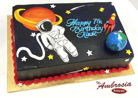 Astronaut In Space | The Ambrosia Bakery Cake Designs- Baton Rouge, La | Nasa Cake, Space Cake Ideas, Rocket Ship Cakes, Astronaut Cake, Pastel Rectangular, King Cakes, Planet Party, Planet Cake, Astronaut In Space